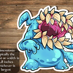 May include: A blue cartoon monster with a large, open mouth lined with yellow teeth. The monster's mouth is dripping with saliva and has a pink interior. The monster is standing on a wooden background. Dimensions: typically the height or width is 2.8 inches whichever is largest.