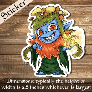 Könnte beinhalten: Ein blauer und grüner Cartoon-Aufkleber mit einem Goblin-ähnlichen Wesen mit rotem Bart, das eine grüne Robe und eine Krone aus Pilzen trägt. Das Wesen hält einen leuchtenden Pilz in der Hand.