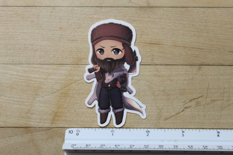 May include: A cartoon sticker of a man with a beard wearing a brown hat and a white coat holding a small axe. He is standing on a white background.