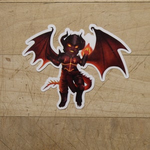 May include: A red and black cartoon devil with wings and a fiery tail. The devil is holding a small flame in its hand.