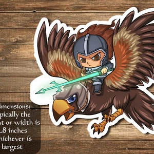 May include: A cartoon illustration of a warrior riding a griffin. The warrior is wearing a blue and white armor and holding a glowing green spear. The griffin has brown and orange feathers and a yellow beak. The image is on a white background.