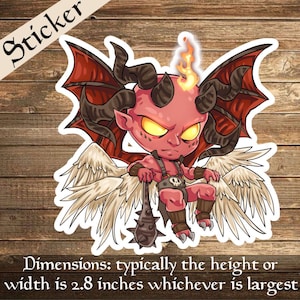 Puede incluir: Un demonio de dibujos animados rojo y negro con alas y un garrote con púas. El demonio tiene un halo de fuego y ojos amarillos. La pegatina mide aproximadamente 2,8 pulgadas de ancho.