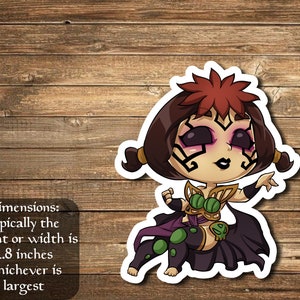 Puede incluir: Una pegatina con un personaje de dibujos animados con cabello castaño, un adorno rojo para el cabello y maquillaje oscuro. El personaje viste un atuendo morado y verde. El texto en la pegatina dice: "Dimensiones: normalmente la altura o el ancho es de 7,1 cm, lo que sea mayor."