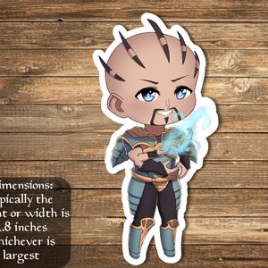 May include: A cartoon sticker of a blue-skinned humanoid with spiky hair, wearing blue and gold armor, holding a glowing blue orb in his right hand. The sticker is approximately 2.8 inches in size.