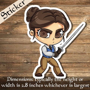 Puede incluir: Una pegatina con una ilustración de dibujos animados de una persona con chaleco azul, pantalones marrones y guantes, sosteniendo una espada. La pegatina tiene la palabra "Sticker" en la parte superior y texto en la parte inferior que dice "Dimensiones: normalmente la altura o el ancho es de 7,1 cm, lo que sea mayor."
