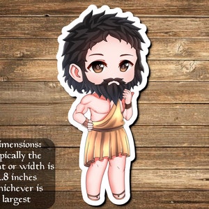 May include: A cartoon illustration of a man with a beard wearing a yellow toga. The image is a sticker with a white border. The text below the image reads "Dimensions: typically the height or width is 2.8 inches whichever is largest".
