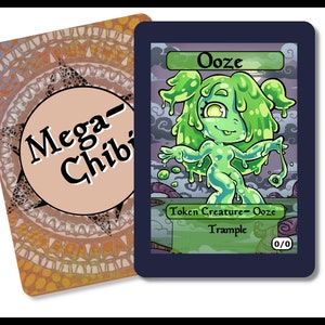 May include: A green ooze creature card with a cute cartoon illustration of a green ooze monster. The card text reads "Ooze" and "Token Creature - Ooze" and "Trample". The card has a power and toughness of 0/0.