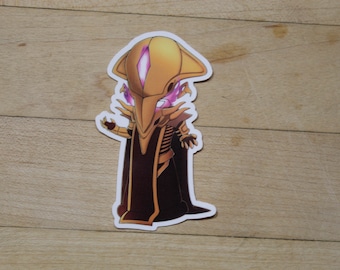 May include: A gold and purple cartoon character sticker with a large head and a long, flowing robe. The character has a large, pointed head with a single eye and a long, thin beak.