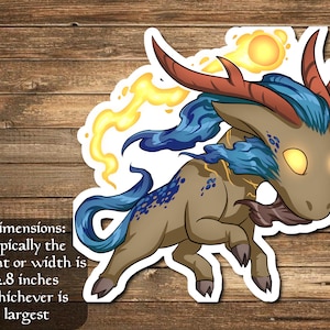 May include: A sticker of a cartoon creature with blue and brown fur, red antlers, and glowing yellow eyes. The creature is running and has a yellow flame trail behind it. The sticker is approximately 2.8 inches in size.