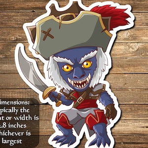 May include: A sticker featuring a cartoon pirate with a blue face, white beard, and yellow eyes. The pirate wears a gray hat, red and gray clothing, and holds a sword. The sticker is approximately 2.8 inches in height or width.