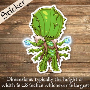 以下が含まれることがあります： 6本の腕と光る青い手を持ち、緑色のトゲのある漫画の生き物。生き物は茶色の毛皮のコートを着ており、大きな緑色の頭をしています。ステッカーは約2.8インチです。