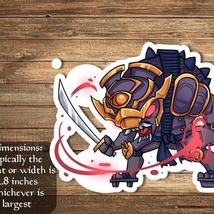 May include: A sticker featuring a cartoon character with a purple and gold helmet, wielding a sword and surrounded by red splatters. The character has a fierce expression and is wearing a blue and black outfit. The sticker is approximately 2.8 inches in size.