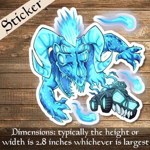 May include: A blue and white sticker featuring a cartoon monster with horns, four eyes, and a toothy grin. The monster is surrounded by blue flames and a small, blue, futuristic vehicle.