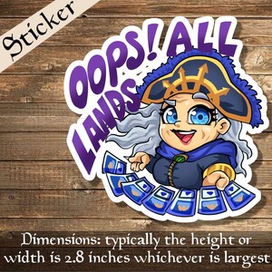 May include: A sticker featuring a cartoon character with a blue and gold hat, holding blue cards. The text "OOPS! ALL LANDS" is in purple. The sticker's dimensions are typically 2.8 inches in height or width.