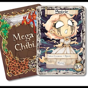 May include: A fantasy trading card with a cartoon illustration of a white spirit with black eyes and black tears. The card is titled "Spirit" and has the text "Token Creature - Spirit" and "Flying" on it. The card has a power of 3 and a toughness of 1.