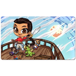 May include: A cartoon illustration of a female pirate captain with brown hair and a red shirt holding a sword. She is standing on a wooden ship deck with a blue sky and clouds in the background. There are several small plush toys on the deck with her.