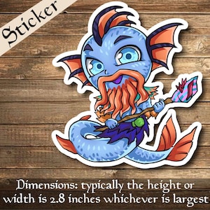 Puede incluir: Una pegatina con una criatura marina de dibujos animados con piel azul, barba y aletas naranjas, sosteniendo un bastón. La pegatina mide aproximadamente 7,1 cm de alto o ancho. La palabra "Sticker" está impresa en la parte superior.