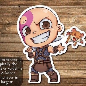 May include: A cartoon sticker of a bald, pink-skinned warrior with a fierce expression, holding a sword and a small, angry, brown rat. The sticker is approximately 2.8 inches in size.