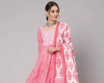 Women Pink & White Cotton Printed  Kurta with Plazzo and Dupatta, Wedding Dress, Bridesmaid Gift, Diwali Gift, Wedding Gift