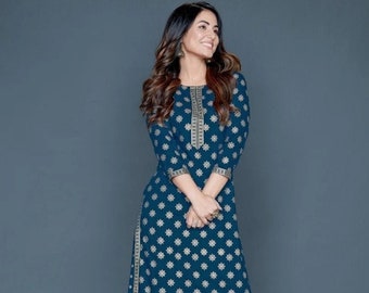 Kurta Palazzo Set,Rayon Blue Gold Printed Indian Kurti Palazzo Party wear ,Women Salwar Kameez ,Kurti Palazzo Set,Free . Free Jewllery