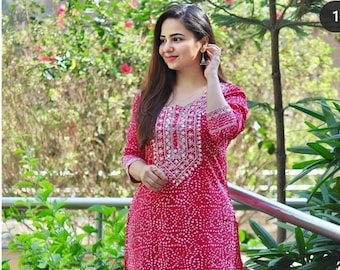 Indiase geborduurde Bandhej jurk, rekbare Kurta bedrukte broek set, roze Bandhani jurk, India traditionele Kurti, Pakistaanse outfit