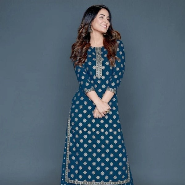 Kurta Palazzo Set,Rayon Blue Gold Printed Indian Kurti Palazzo Party wear ,Women Salwar Kameez ,Kurti Palazzo Set,Free . Free Jewllery