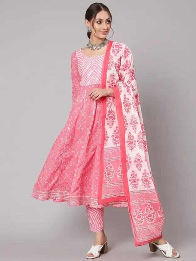 Women Pink & White Cotton Printed Kurta With Plazzo and - Etsy