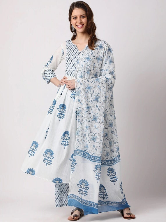 Round Neck Printed Sky Blue Cotton Kurti With Palazzo Pant at Rs 350/set in  Jaipur