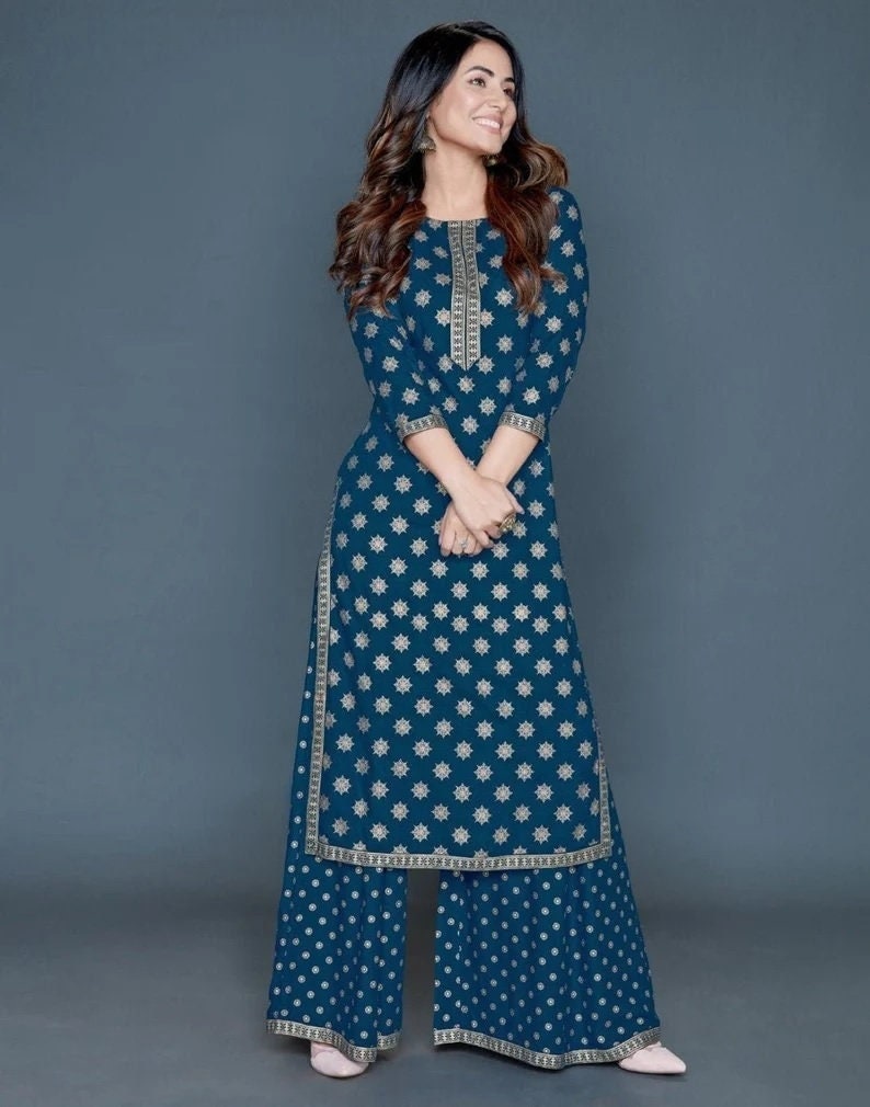 Stitched Sky Blue Rayon Kurti Palazzo Suit, Handwash at Rs 460/set in  Faridabad