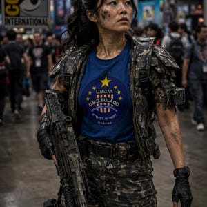 May include: A blue t-shirt featuring a circular U.S.C.M. U.S.S. Sulaco Colonial Marines logo with a yellow star, worn under camouflage tactical armor and matching camouflage pants, paired with black fingerless gloves and a large black rifle.