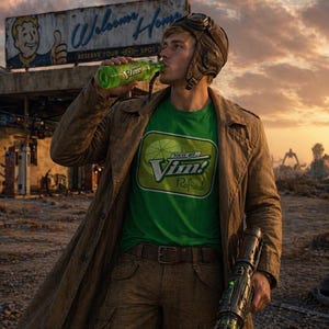 May include: A person drinking from a green glass bottle of Vim! soda. The person is wearing a green t-shirt with a Vim! logo, a brown coat, and aviator goggles. A sign in the background reads "Welcome Home."