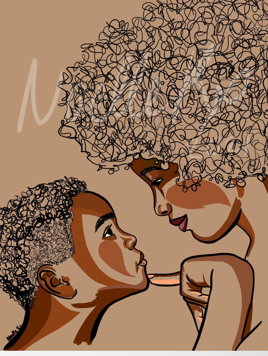 Portrait of Black Mother & Son Black Art Black Mom Wall - Etsy