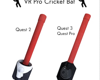 May include: Two VR Pro Cricket Bat attachments with red textured handles. The left attachment is for Quest 2, featuring a white controller mount. The right attachment is for Quest 3 and Quest Pro, featuring a black controller mount. Text reads VR Pro Cricket Bat, Quest 2, Quest 3, and Quest Pro.