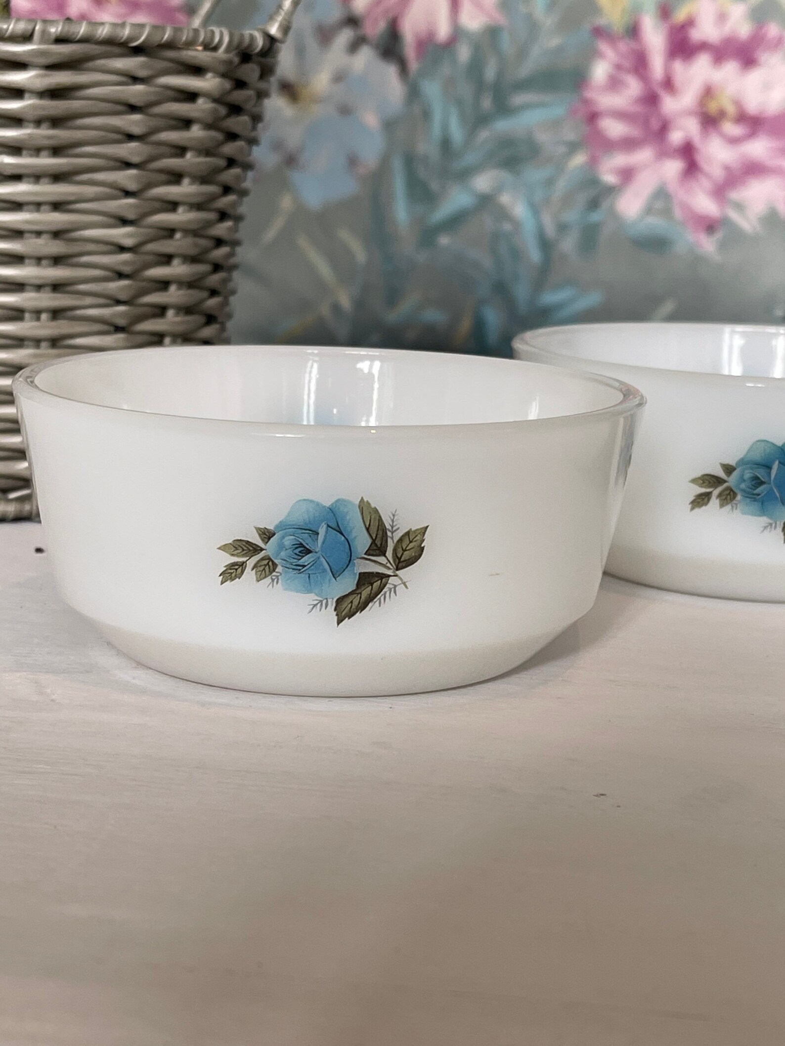 Set of 3 Retro Phoenix Opalware Small White Bowls With Blue Etsy