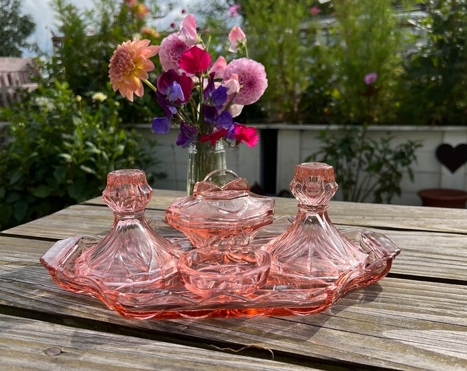 Stunning Art Deco Style Vintage Pink Glass Vanity Set. Vintage Etsy