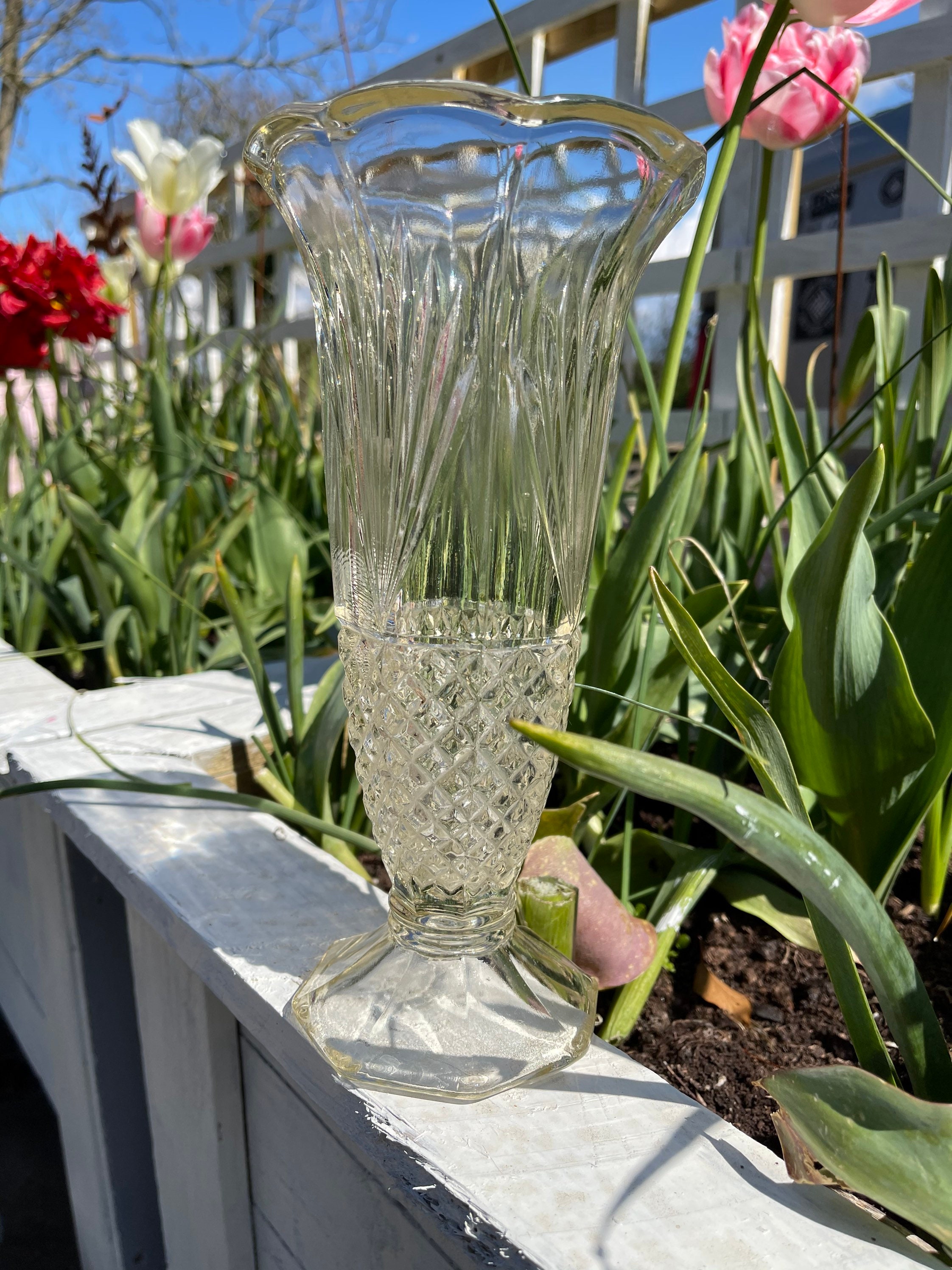 Fluted Vintage Pedestal Pressed Glass Vase Vintage Vase Etsy