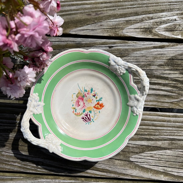 Beautiful vintage Ornate Green & White China Cake Stand With Floral Pattern, Cake Plate, Serving Dish