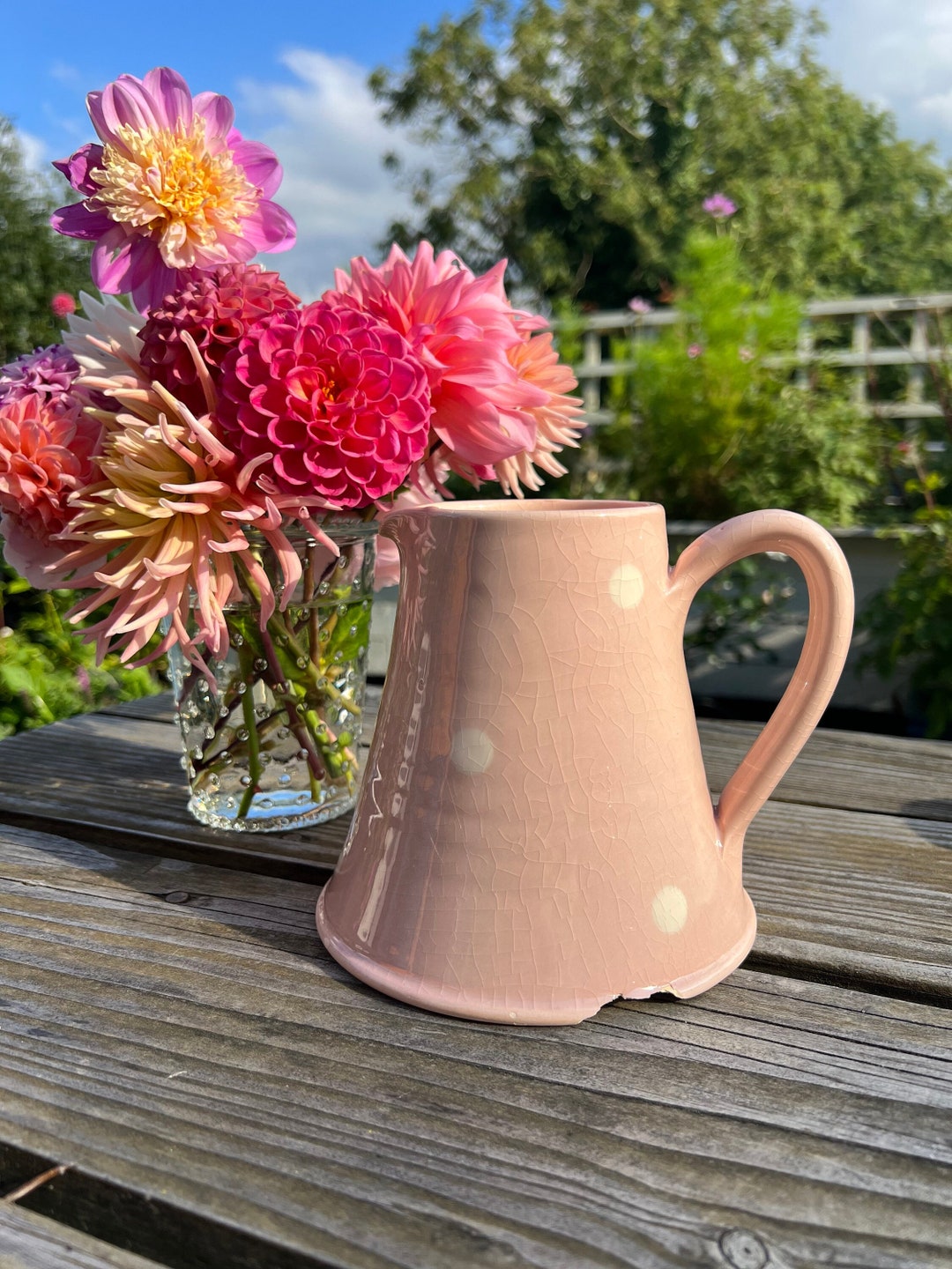 Vintage Gabriella Miller Shabby Chic Pink & White Spotty Pottery Jug