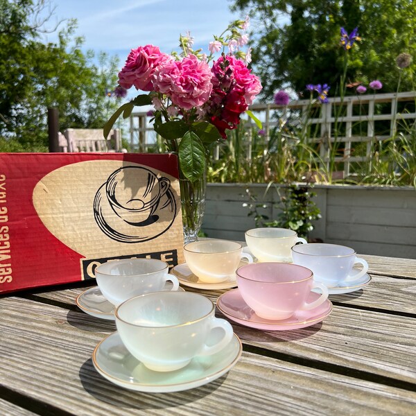 Arcopal Opale Harlequin Vintage Tea Set In Original Box, VERY GOOD CONDITION, Set of 6 Pastel Glass Cups and Saucers, Shabby Chic, Wedding