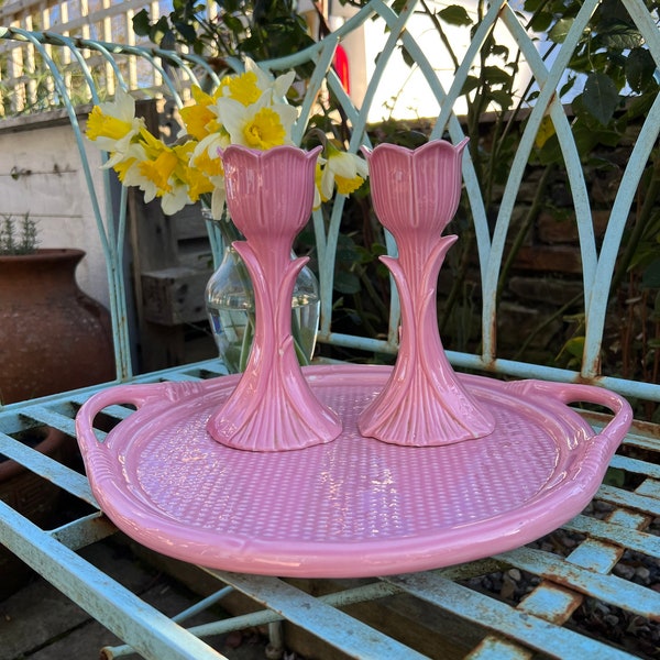 Pretty Vintage Mideramica Pink Ceramic Tray & Tulip Candlestick Set, Portugal, Pink Homewares, Vintage Tray, Vintage Candleholders