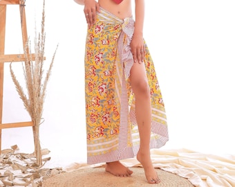 Handblock bedruckter Baumwollsarong - Boho Gelber Badeanzug-Überzug