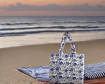 Handmade Floral Print Tote Bag: Large Cotton Shoulder Bag