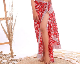 Pure cotton Sarong Indian Handmade Pareo Swimsuit Cover ups Skirt wrap Printed Design Lungi red