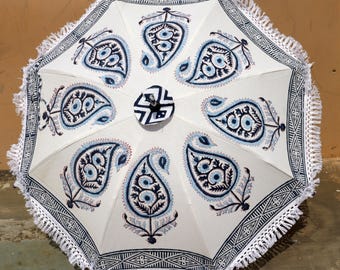 Handmade Indian Parasol: Blue Floral Cotton Umbrella, Party Decor