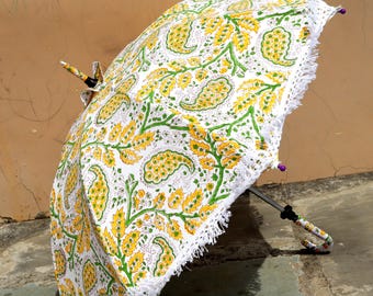 Handmade Yellow Floral Parasol: Indian Wedding Decor, Cotton Umbrella