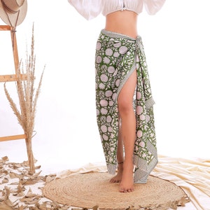 Pure Cotton Indian Handmade green Cover ups Sarong For women Pareo Beach Cover Floral Print Bikini Wrap