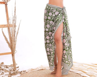 Pure Cotton Indian Handmade green Cover ups Sarong For women Pareo Beach Cover Floral Print Bikini Wrap