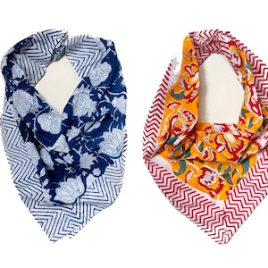 Blue and Yellow Handblock Print Set of 2 Bandanas for women Mini Scarfs Floral Print Handmade Blindfold Face cover Headband Gift for Her