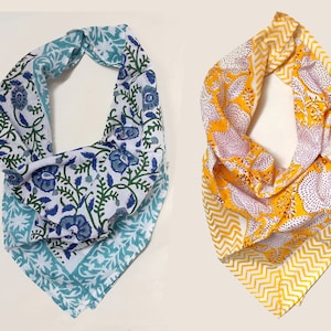 Set of 2 Blue and Yellow Handblock Print Bandanas for women Mini Scarfs Floral Print Handmade Blindfold Face cover Headband Gift for Her