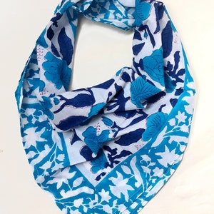 Pure Cotton Hand Block Printed Blue Bandanas For Women Gift Small Scarfs Indian Design 20 inch Size Hairband Chest Cover Handmade Bandana